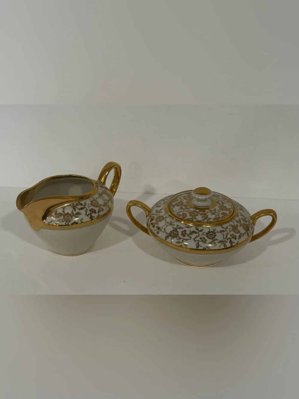 VINTAGE Porcelain White and Gold Creamer and Sugar Bowl Set